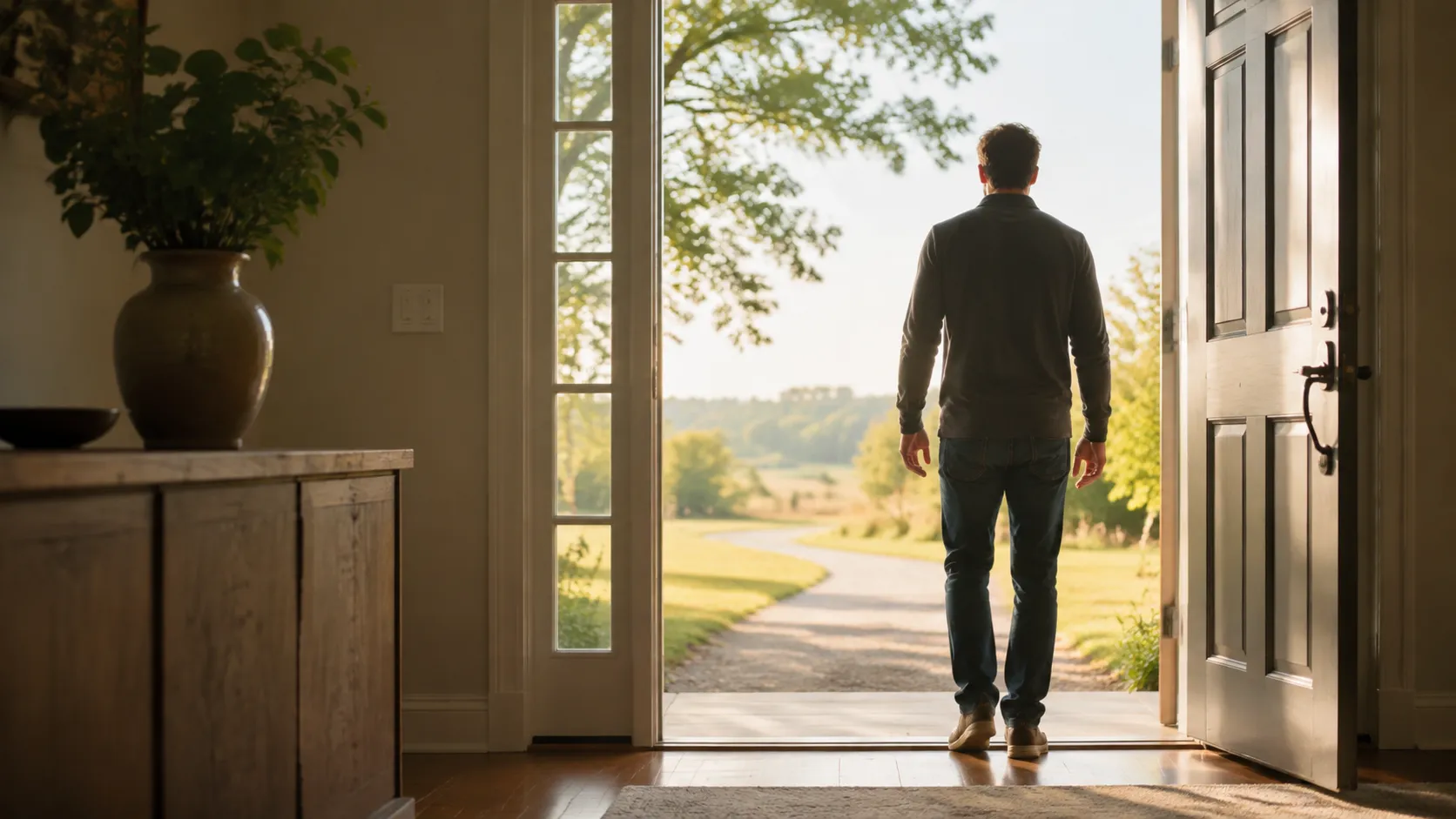 A person stepping through an open doorway into the morning light, a fresh start
